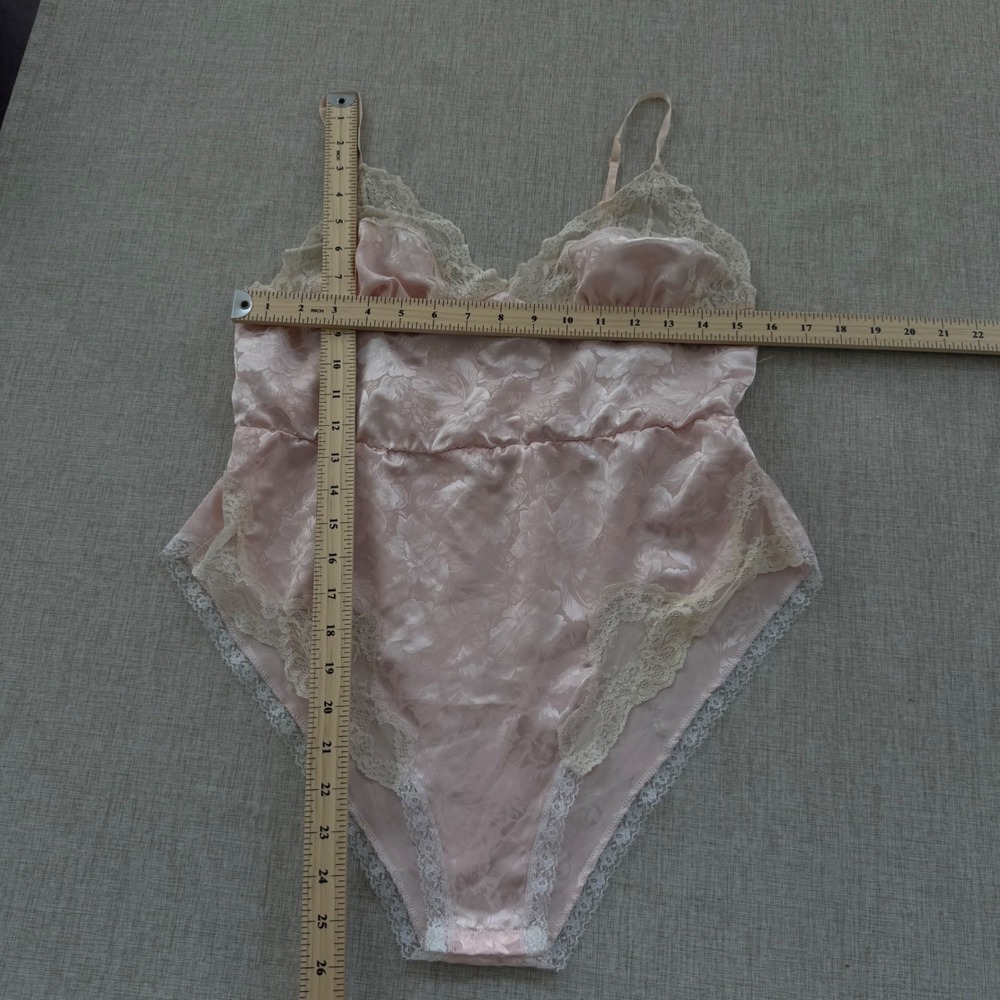Vintage Pink Floral Jacquard Lace Trim Teddy Bodysuit Made in USA Medium - Picture 2 of 7